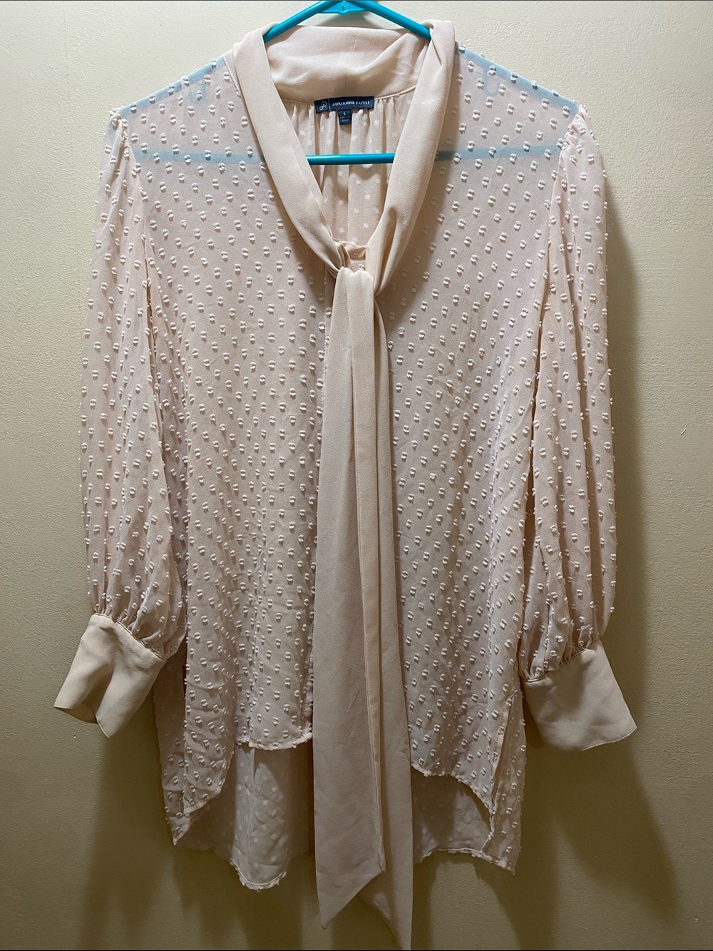Adrianna Papell Blush Swiss Dot Tie-Neck Sheer Blouse Small Oversized Career